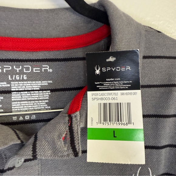 NWT Spyder Men’s Polo Shirt Gray Black Striped Spider Logo Embroidered Large - Picture 3 of 6